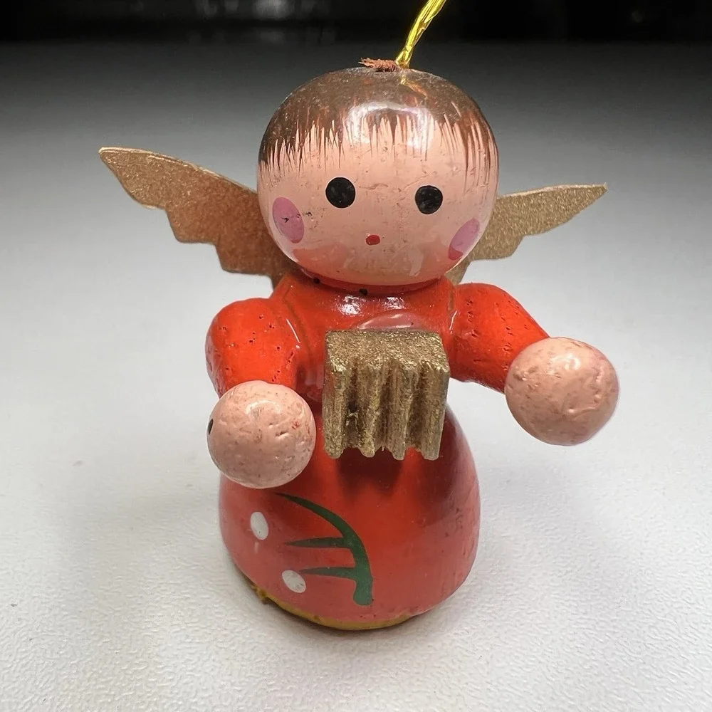 Vintage Erzgebirge Wooden Angel Ornament Germany HandPainted Red Dress Gold Wing